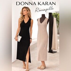 Donna Karan Reversible Black Nude Maxi Dress Stretch Minimalist Column,Size Sm